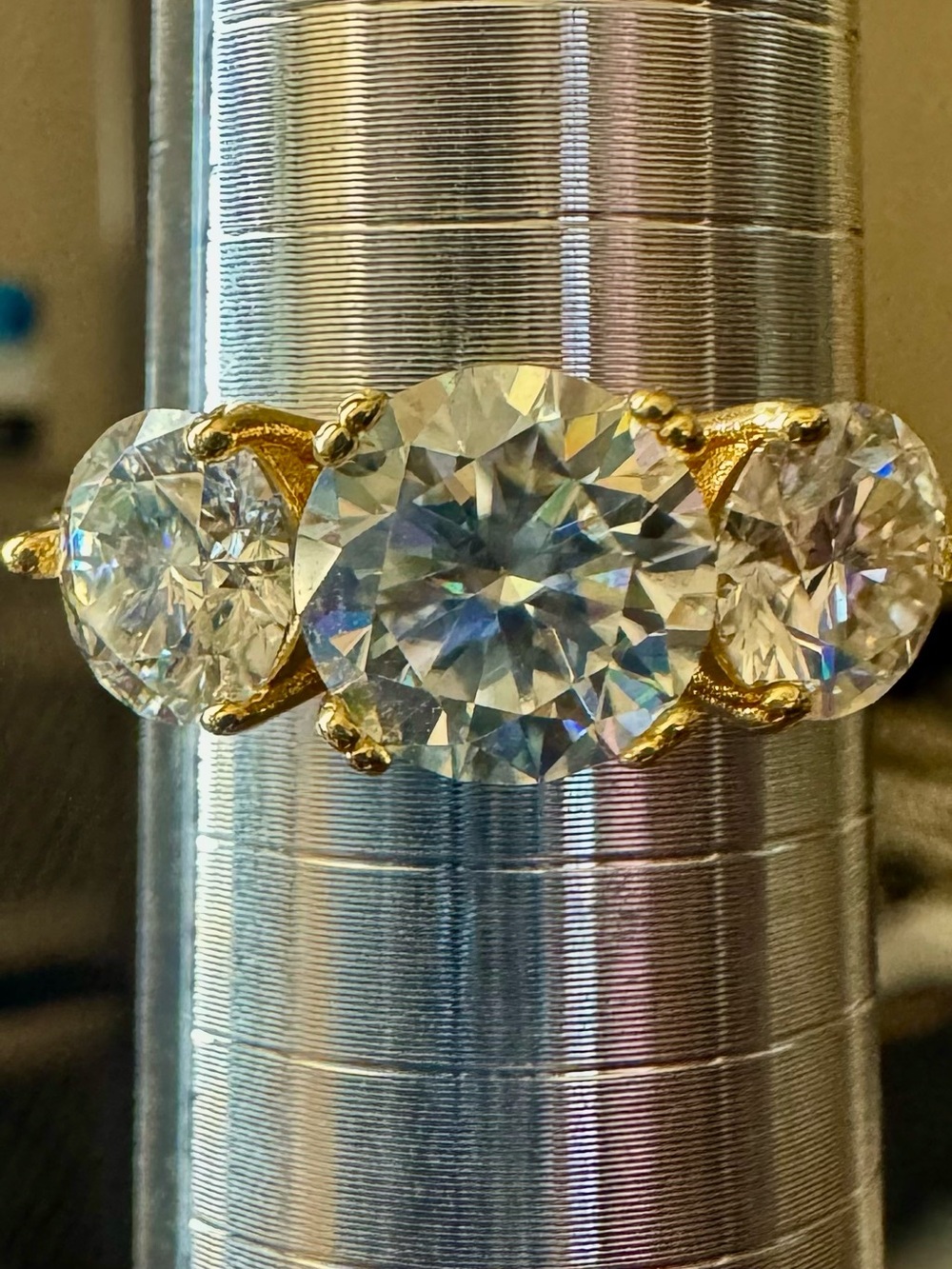 Gold Three-Stone Moissanite Ring - Sparkling Clear Stones